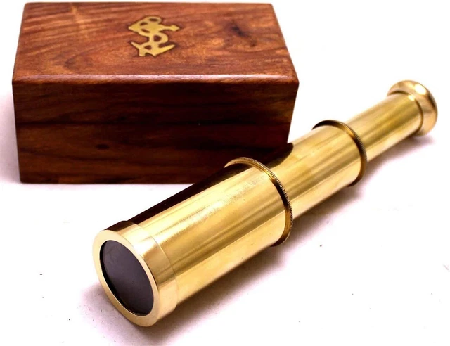 Mini telescopio antiguo con caja de madera capitanes 6 latón portátil