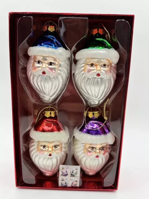 Christmas Glass Santa Ornaments Set of 4 Hand Painted 2004 Stamp Collection USPS