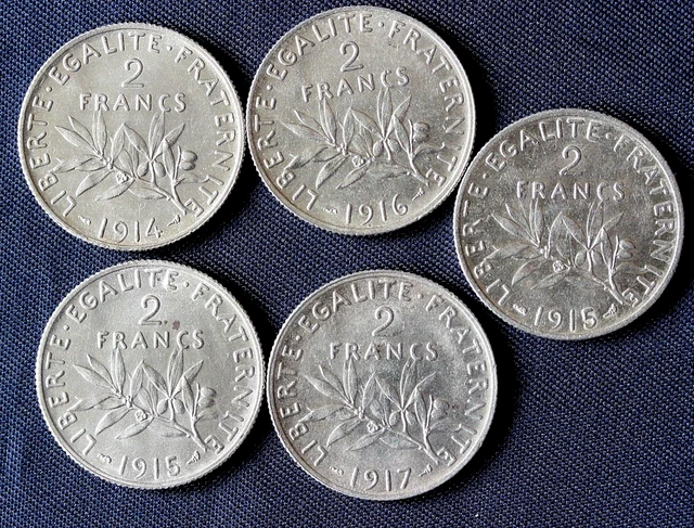 lot 5 pièces  2 Francs semeuse argent  1914 1915 1916 1917   état superbe ++