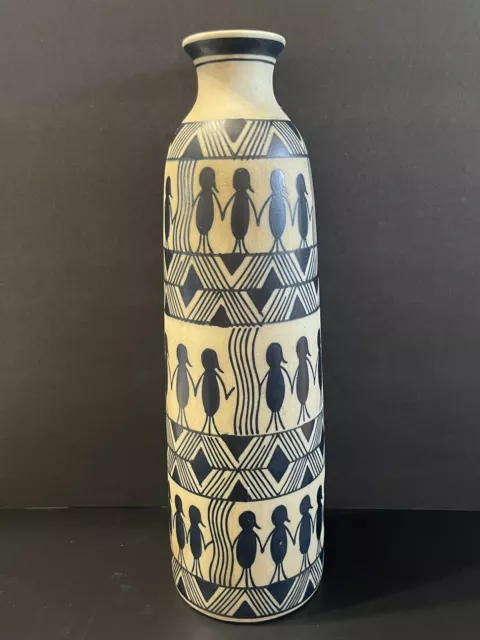 Vintage Sauri Warli Folk Art Pottery Vase People Holding Hands In Unity