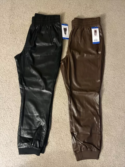 DKNY Jeans Joggers Adult Large Black & Brown Faux Leather Elastic Waist Pants