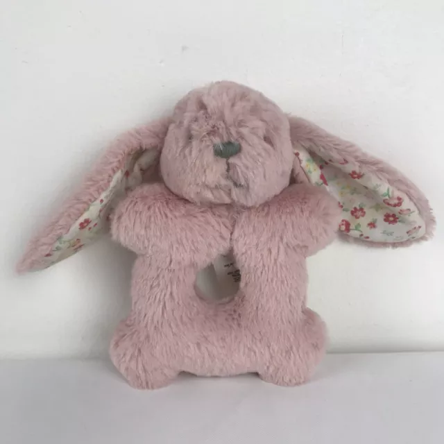Mothercare Pink Bunny Rabbit Plush Ring Rattle Grabber Floral Ears Soft Toy H 6"
