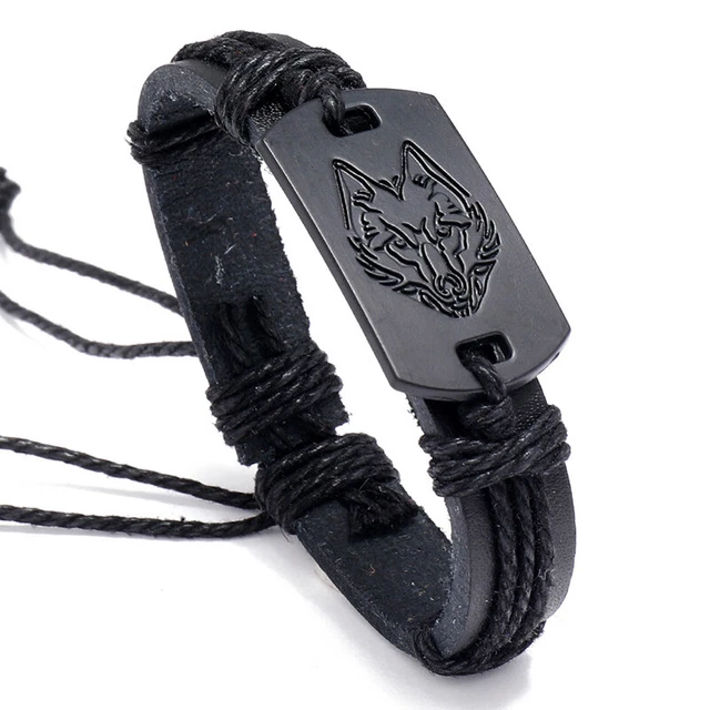 Wolf Head Wristband Cuff Bracelet Bangle Jewelry Men Black Woven