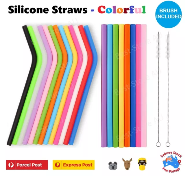 9 x Reusable Food Grade Silicone Drinking Straight Bent Straw Straws + 2 Brushes