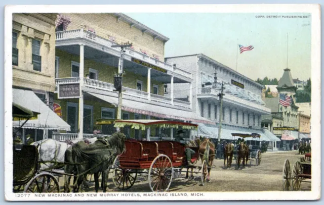 Postcard Mackinac Island MI New Mackinac New Murray Hotels Wagons Phostint P5C