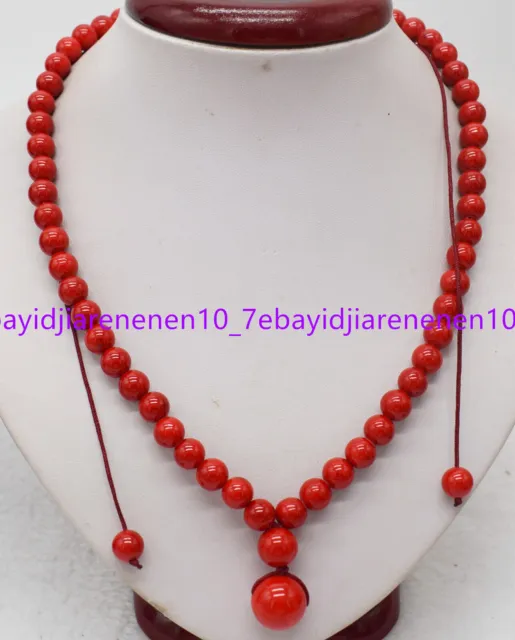 Natural 8mm Red Coral Gemstone Round Beads Pendant Stretchlab Necklace 18 in