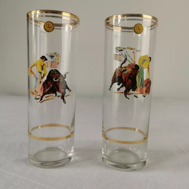 Pair Vintage Mid Century 60s Bull Fight Matador Juice Tall Glasses gift boxed