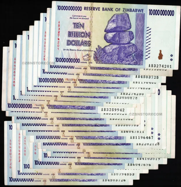 20 x 10 Billion Zimbabwe Dollars Banknotes AB 2008 20PCS Currency COA Authentic