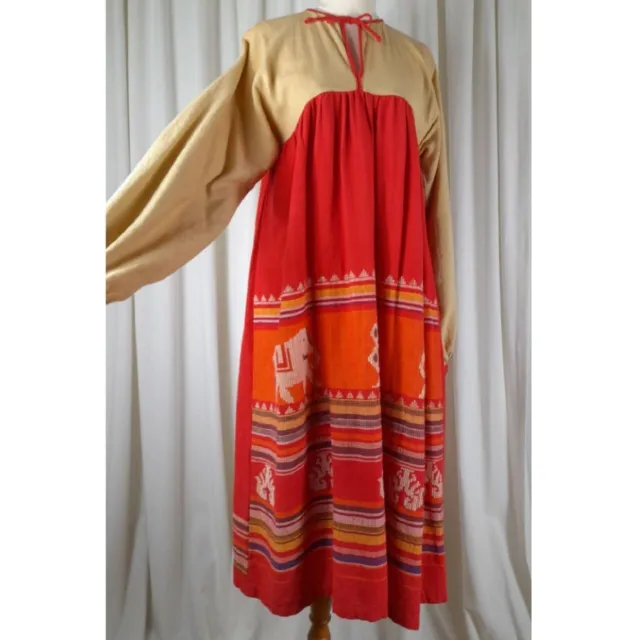 70s Vintage Made In India Thick Cotton Tunic Dress Embroidered Orange Boho