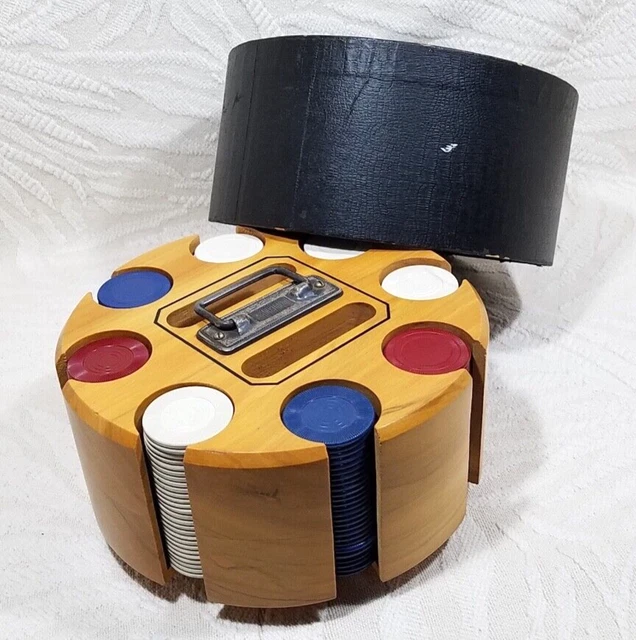 200 Plastic Poker Chips 8" Wood Caddy Lazy Susan Carousel With Cover Vintage Set