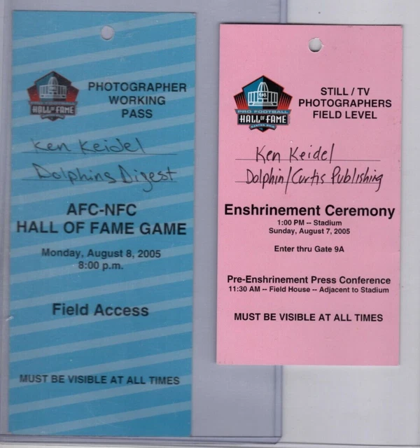 2005 Pro Football HOF Media Badges, Dan Marino, Steve Young Press Pass Canton OH