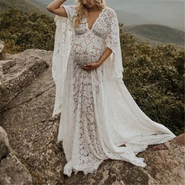 Boho Maternity Dress For Photo Shoot Outfit Pregnant Women's Fluffy Lace Dress