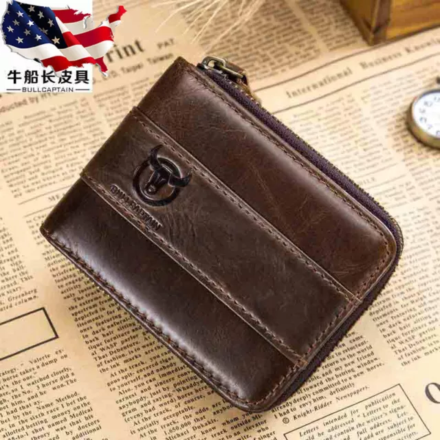 RFID BULLCAPTAIN Mens Real Leather Zipper Around Card Slots Coin Wallet Purse US