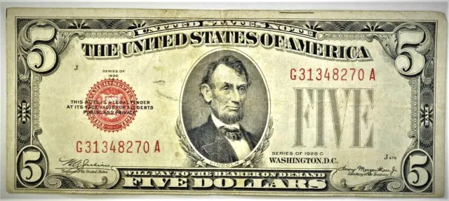 1928-C $5.00 Red Seal US Uncommon Note - Note ⭐958⭐