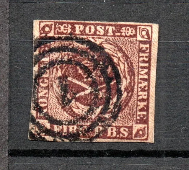 Denmark 1851 coat of arms (Fire R.B.S) stamp (Michel 1), luxury used Nr.cancel 1
