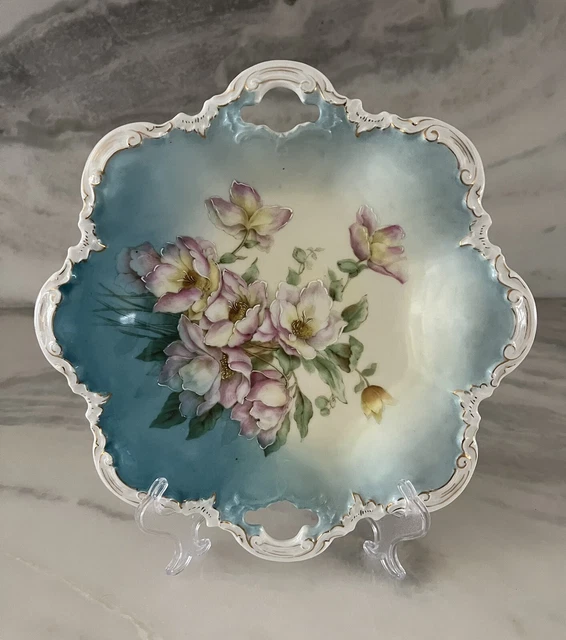 P. T. BAVARIA Hand Painted Floral Rose CAKE PLATE 12” Double Handle Scalloped