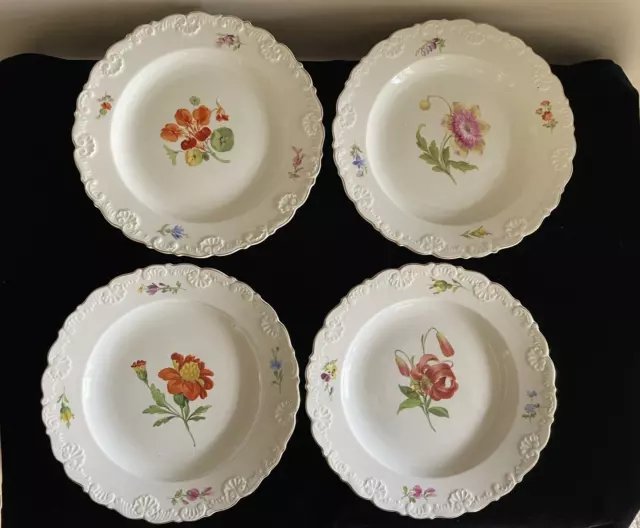 Antique Meissen 19thc Set 4 Porcelain Multi Motif Flower 8 1/4" Salad Plates