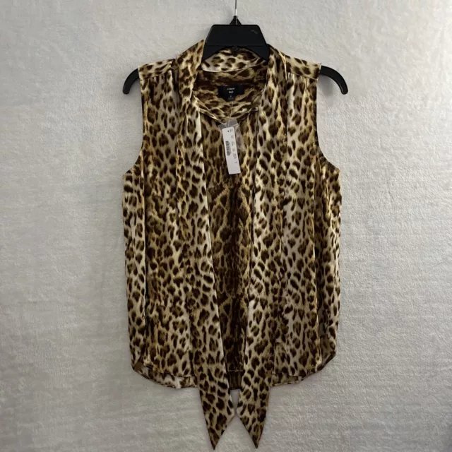 J Crew Button Up Top Womans Small Animal Print Brown Sleeveless Polyester Tie