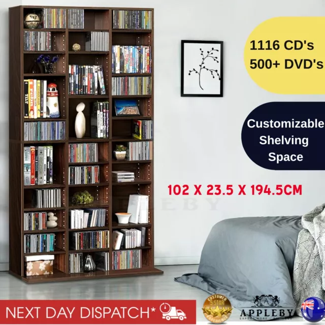 Adjustable CD DVD Bluray Media Book Storage Cabinet Shelf Brown Wood Bookcase
