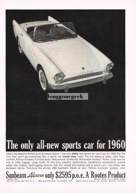 1960 SUNBEAM Alpine White Convertible Vintage Print Ad