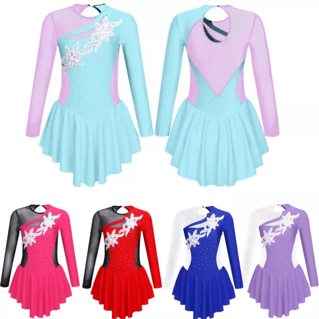 UK Kids Girls Shiny Mesh Roller Figure Ice Skating Leotard Ballet Dance Dress