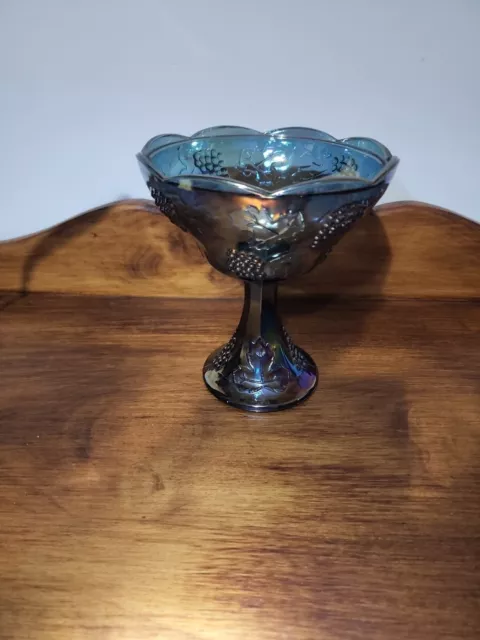 Magnificent Indiana Glass Blue iridescent Carnival comport pedestal fruit bowl