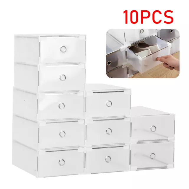 10X Clear Plastic Shoe Storage Boxes Drawer Stackable Foldable Durable Organiser