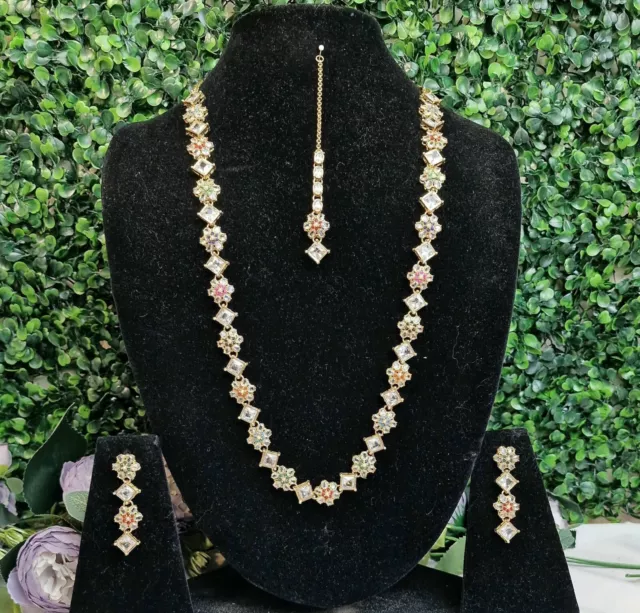 Indian Pakistani gold Long chain Mala Set With real Zirconia Stones and multi