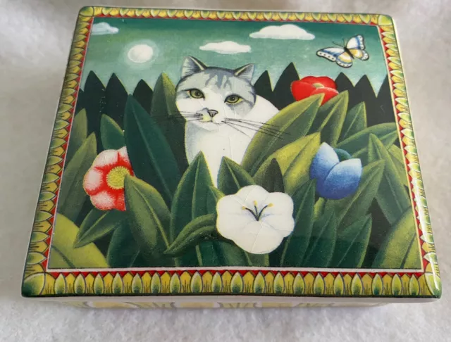 Gray and White Cat in Flowers Four Seasons Ceramic Trinket Box Russ Berrie & Co
