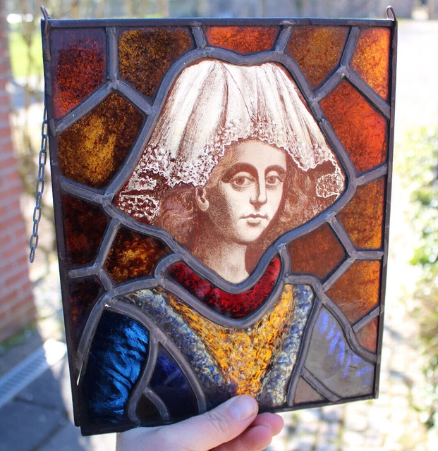Old french Stained glass window hanger portrait girl lady 1950
