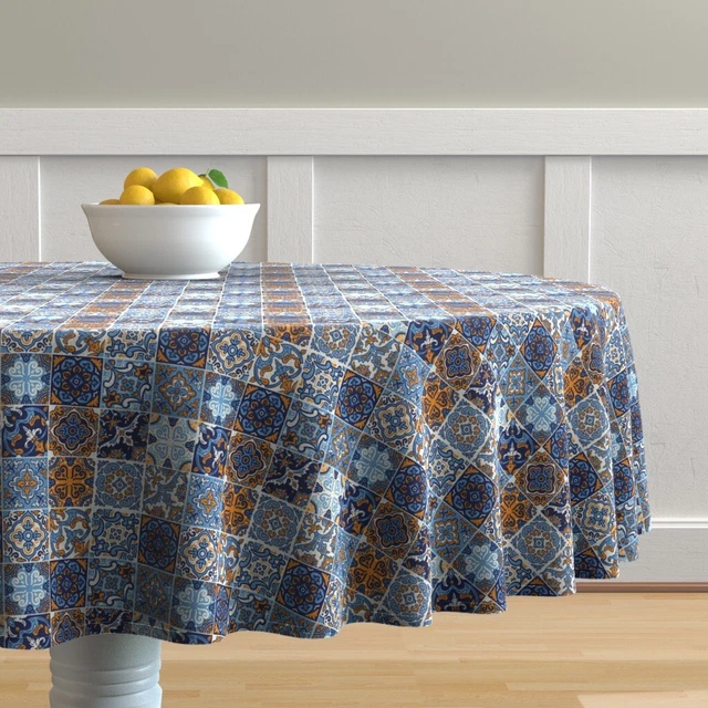 Round Tablecloth Spanish Tile Moroccan Mexican Italian Ceramic Cotton Sateen