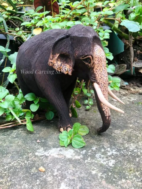 Asian Wood Elephant Sculpture Hand Carved Wooden Figurine Lucky Statue 6 inch
