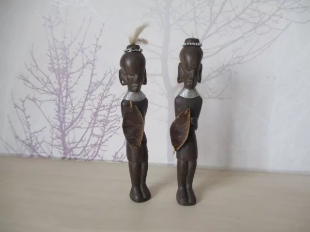Vintage African Hand Carved Wood " Pair Of Small Warriors -  16Cms Tall - Vgc