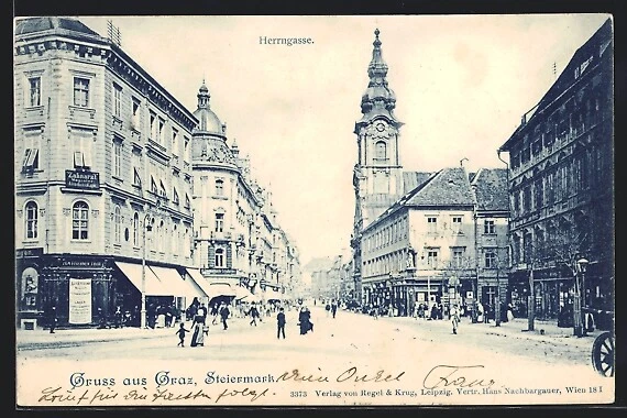Ansichtskarte Graz, Strasse Herrngasse mit Geschäften 1899