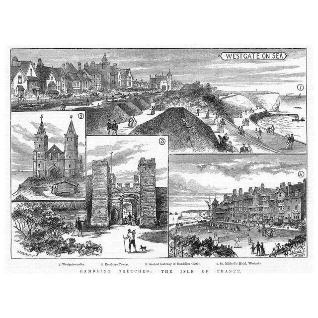 WESTGATE ON SEA Town View, Dandelion Castle, St Mildred's Hotel - Old Print 1885