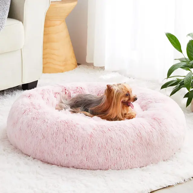 Calming Dog Bed Cat Bed Donut, Faux Fur Pet Bed Self-Warming Donut Cuddler, Comf