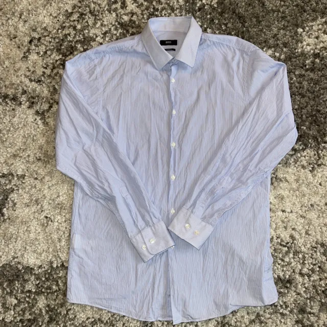 HUGO BOSS Mens Blue/Wht Striped Long Sleeve Sharp Fit Button Up Shirt 16.5 34/35