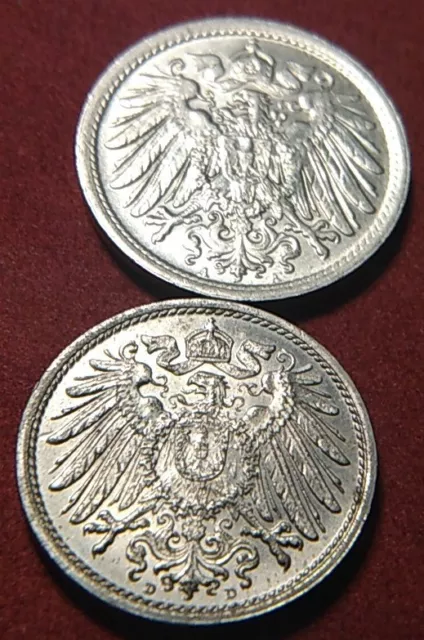 2605) Deutsches Kaiserreich 10 Pfennig 1907 A + 1916 D in ø  f. Prägefrisch UNC