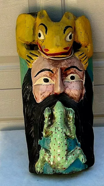 1920c WOOD ETHNIC HAND CARVED &PAINTED RITUAL MASK A MAN WITH FROG