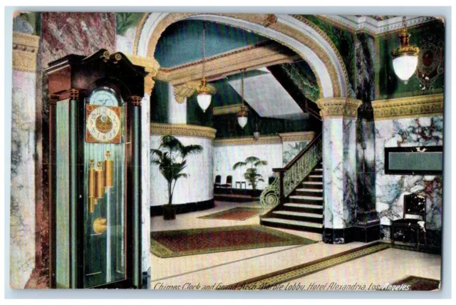 c1910 Chimes Clock Grand Arch Marble Lobby Hotel Alexandria Los Angeles Postcard
