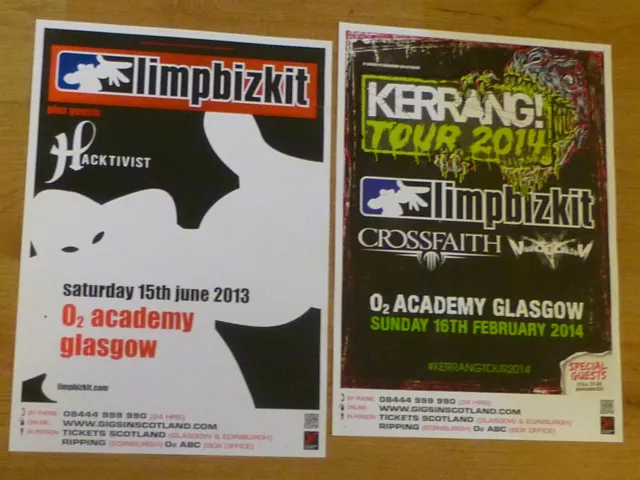 Limp Bizkit — Collection Scottish tour Glasgow live show concert gig posters x 2