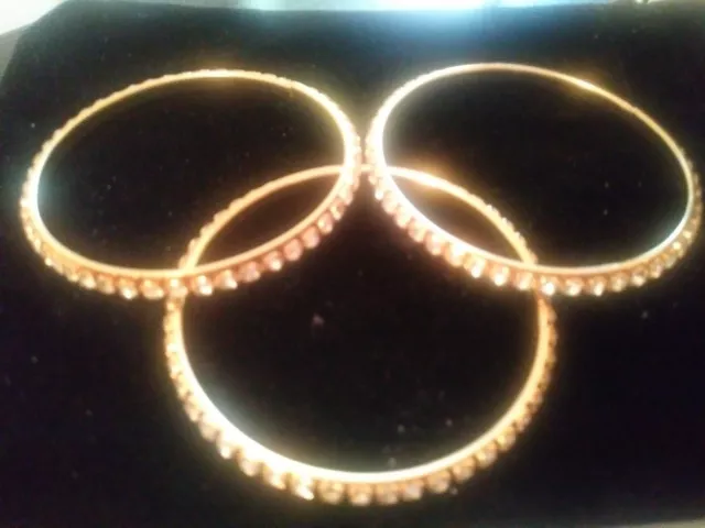 14K & Sts Yellow Gold Simulated Diamond Bangle Bracelet Set 3 Sz 8 In + Bonus!