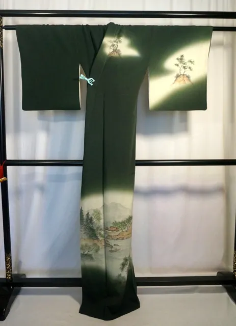 Japanese kimono "HOMONGI" SILK, Sign, Waterside scenery, Deep Green, L5'5"..3659