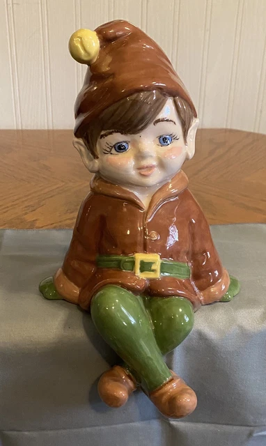 Vintage Large Gnome Elf Ceramic Shelf Sitter Figurine Ceramic Brown Green