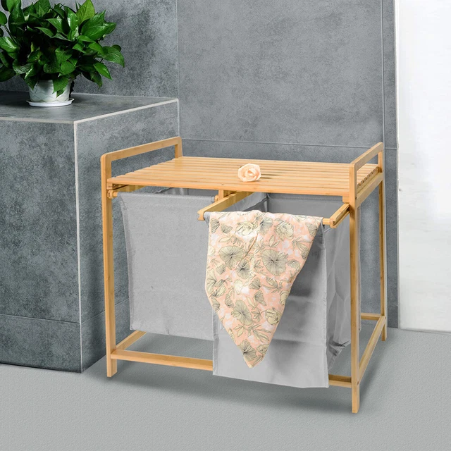 BAMBOO LAUNDRY BASKET Double Compartments Laundry Hamper W/ Removable