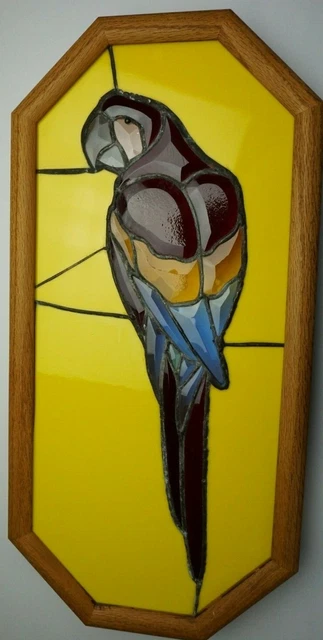 Window Faux Stained Glass Plastic Octagonal Red Macaw, 2.5" wood frame. 11x23.5 3
