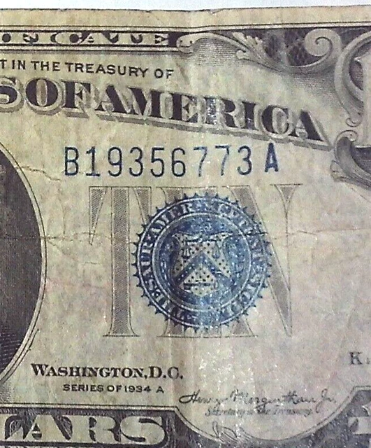 1934 Ten Dollar Blue Seal Note Silver Certificate US $10 bill 2