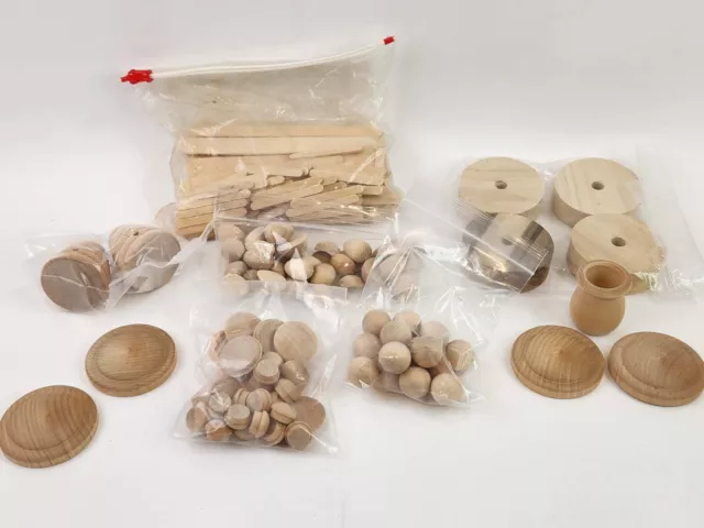 Lot Unfinished Wood Craft Pieces Wooden Beehive Eggs Sticks Pot Lids Balls Discs