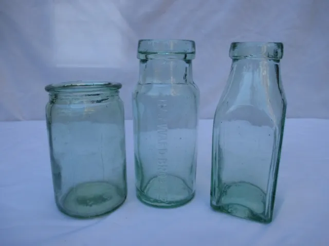 3x VINTAGE ANTIQUE OLD GLASS PRESERVE JARS WEDDING DECORATION FAVOUR c1900-1915