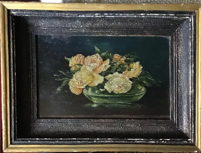 Fiori Rose  Olio Su Tela Applicato Su Cartone Firmato